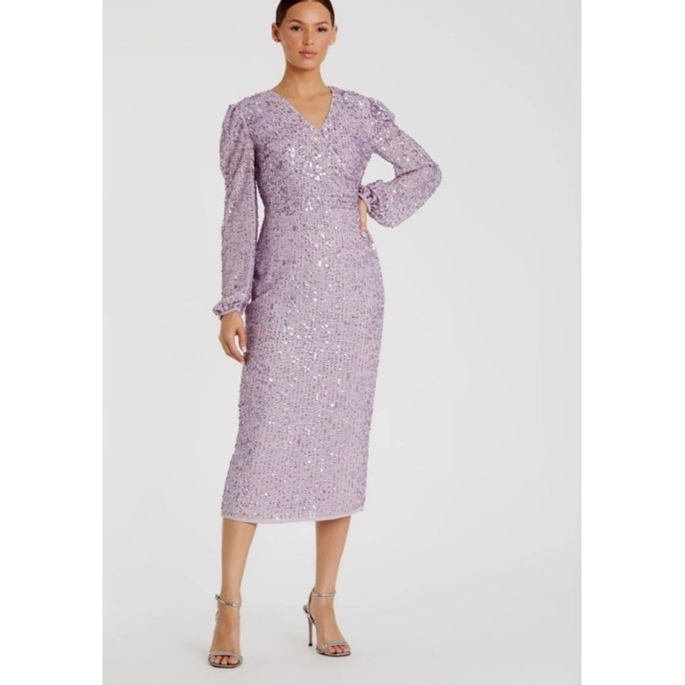 Mac Duggal Sequin Midi Dress Womens 6 Lilac Long Sleeve V-Neck 20241